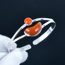 Corniola Gemma 925 Argento Sterling Mano Aperto Polsino Braccialetto Regolabile