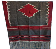 Vintage Saltillo Poncho Sarape Chimayo Blanket Wool, Fringe Antique