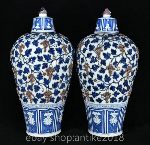 24.8" Old Chinese Dynasty Blue White Porcelain Flower Grape Bottle Vase Pair