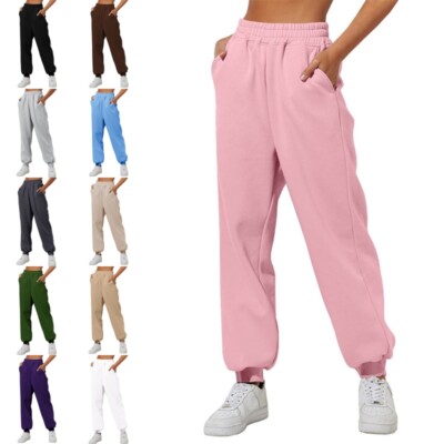 Damen Fleece Hose Frauen Jogging Uni High Waist Loose Jogginghose Hose
