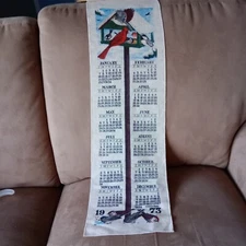 1973 Linen Calendar Wall Hanging birdhouse & birds 30 in. x 9 in.