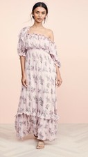 LOVE SHACK FANCY Pink Floral Print Boho Off Shoulder Ruffle Maxi Dress XS = 0/2