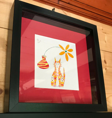 Originalkunst: 9 Zoll quadratische orangefarbene Katzenvase mit schwarzem Rahmen Blume #PeterBrighouseArtist