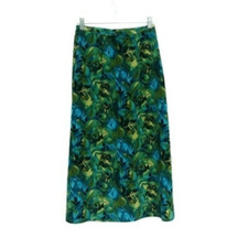 Vintage Sag Harbor Blue  Green Tropical Leaf Print Midi Skirt Size Petite S
