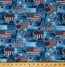 Cotton Patriotic Hearts American Flags USA Blue Fabric Print by the Yard D406.46
