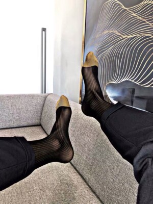 1 Paire mi bas socks sheer bleu a cotes pointe or Taille 39/46 NEOFAN
