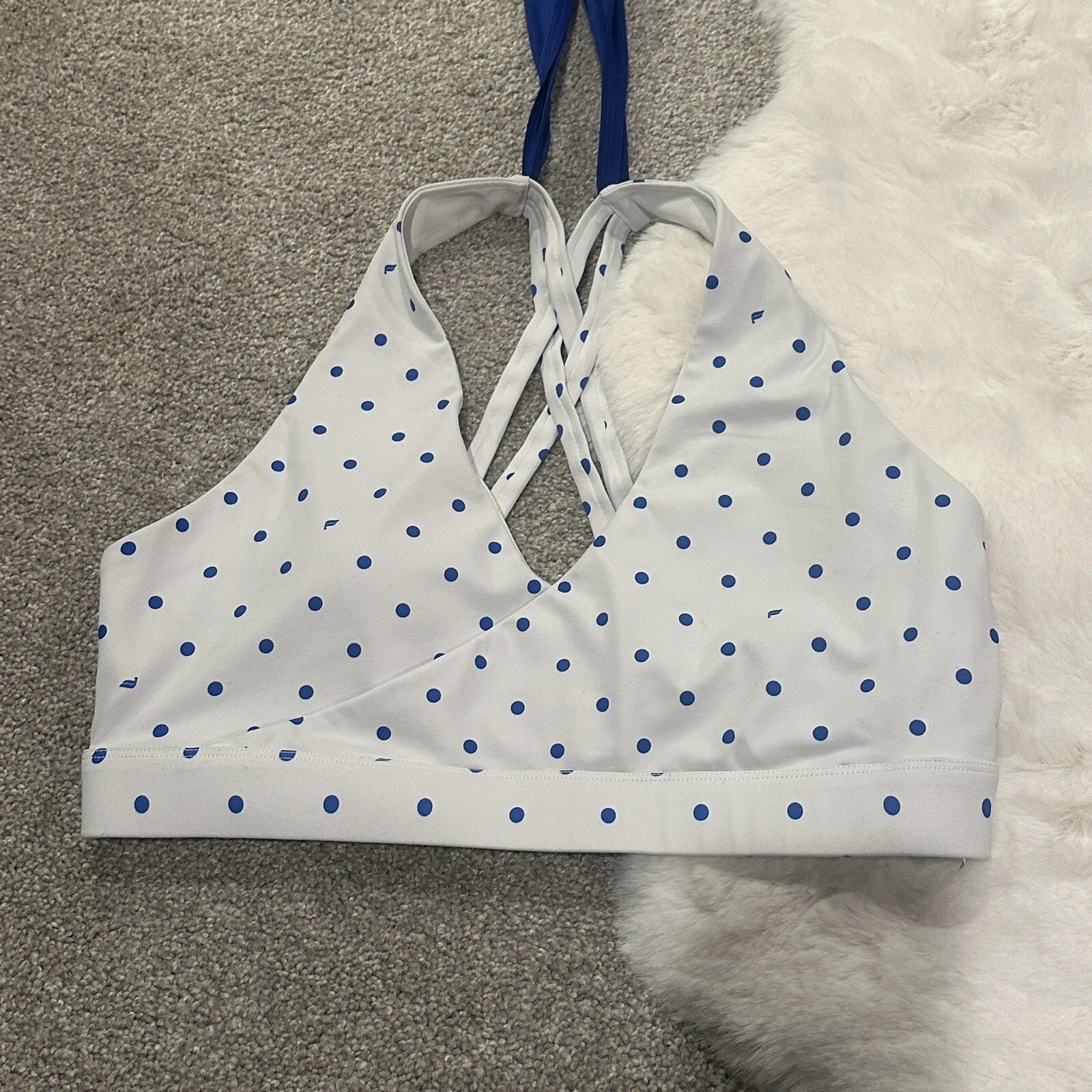 fabletics ryan built-in bra polka dot logo open back criss cross tank-top