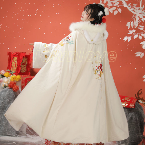 Cloak Hanfu Women Long Style with Velvet Coat Chinese Style Hooded Cape Ancient - Picture 14 of 18