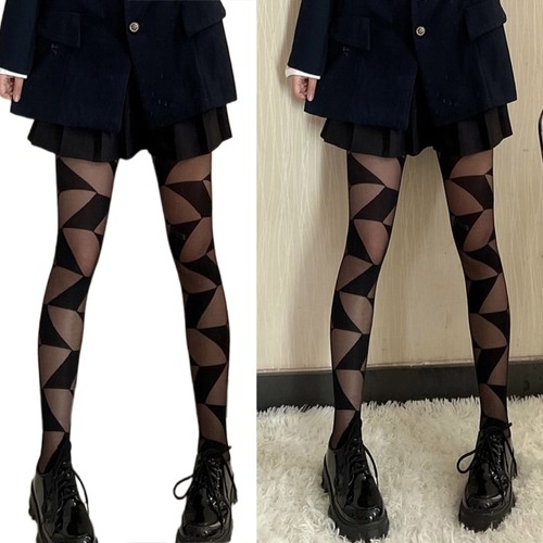 Women Sexy Thin Sheer Pantyhose Irregular Geometric Rhombus Pattern Silky Tights - Picture 2 of 8