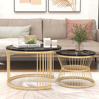Round Coffee Table Set of 2 Nesting Gold Metal Legs End Tables Living Room
