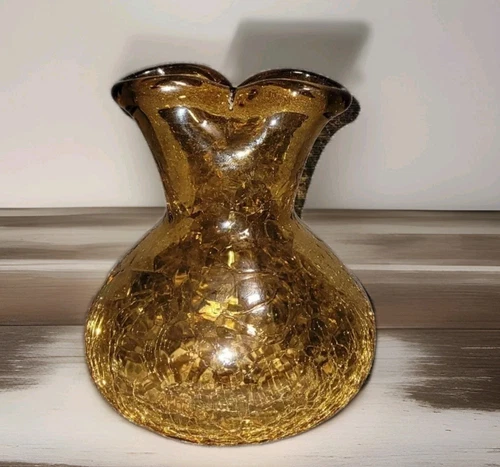 1970s Blenko MCM Heavy Amber Hand Blown Crackle Glass Pinched Bud Vase • 3-3/4"H