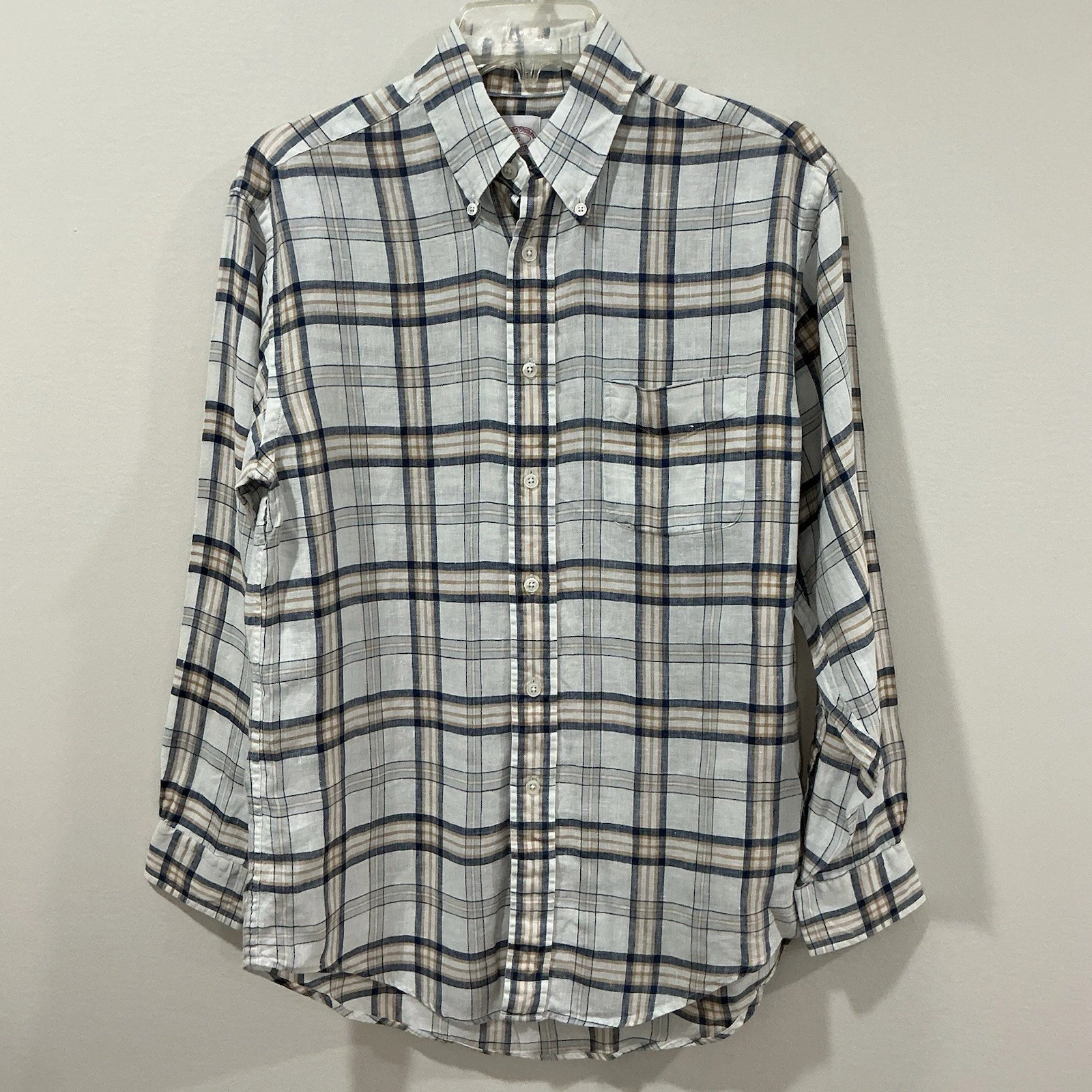 Brooks Brothers Madison Button Down Plaid 100% Irish Linen Wedding Size Small