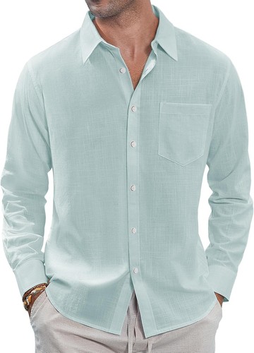 Linen Button Down Shirt for Men - Summer Casual Long Sleeve with Chest Pocket - Picture 5 of 50