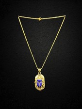 Blue Scarab Necklace with chain Ancient Egyptian Amulet Pendant Gold-Tone