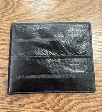Men  s Vintage Genuine Eel Skin Glossy Black Bifold Wallet Made In Korea
