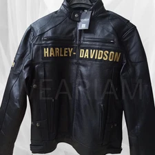Harley Men's  Vintage Cowhide Biker Leather Jacket Motorcycle Passing Link Style