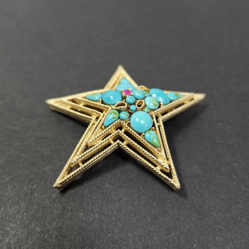 Rare Capri Signed Star Brooch Turquoise Cabocons Pink Rhinestone Gold Tone 1950s - Picture 4 of 12
