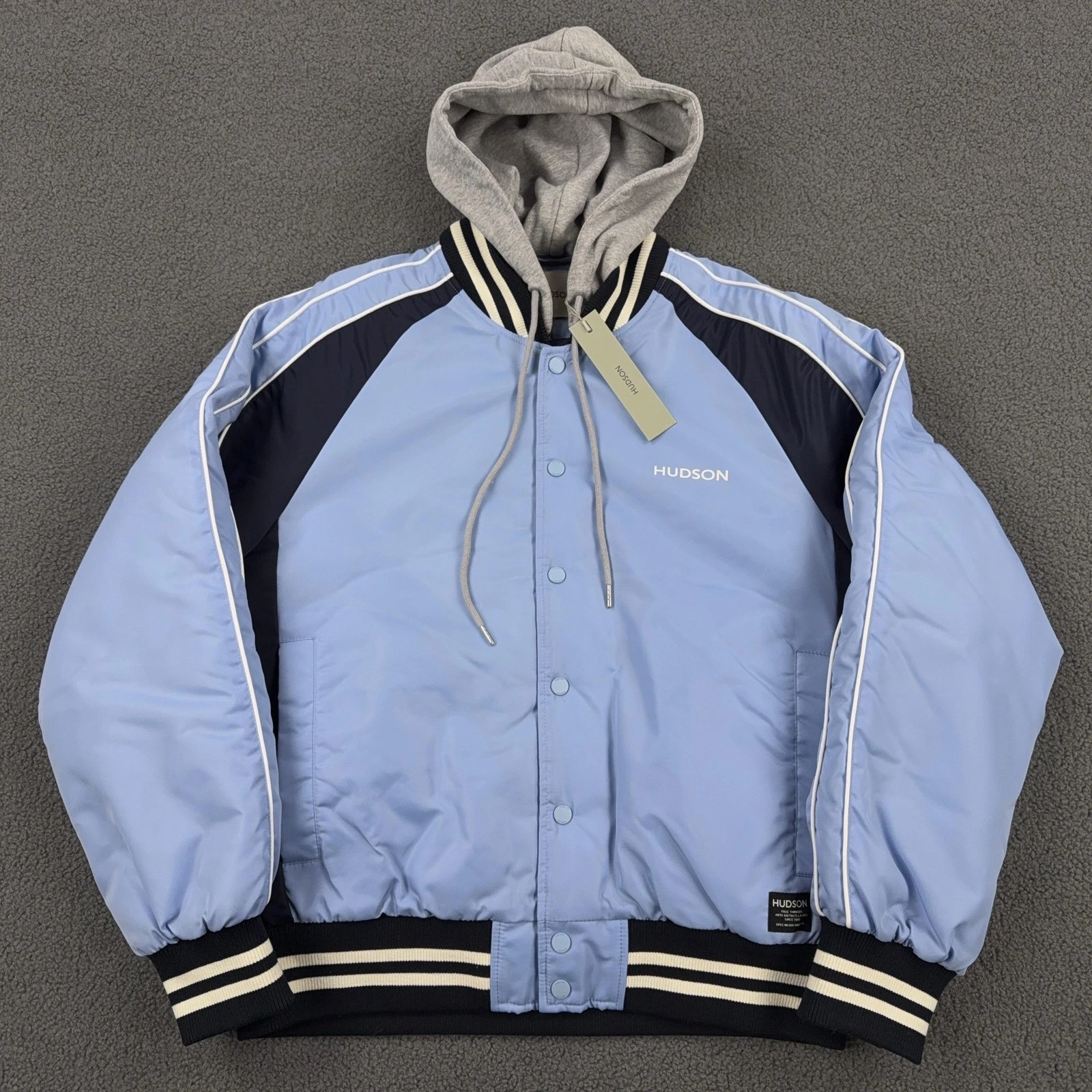 Hudson Jacket Mens Medium Blue Snap Hoodie Hooded Varsity Quilted Bomber Coat
