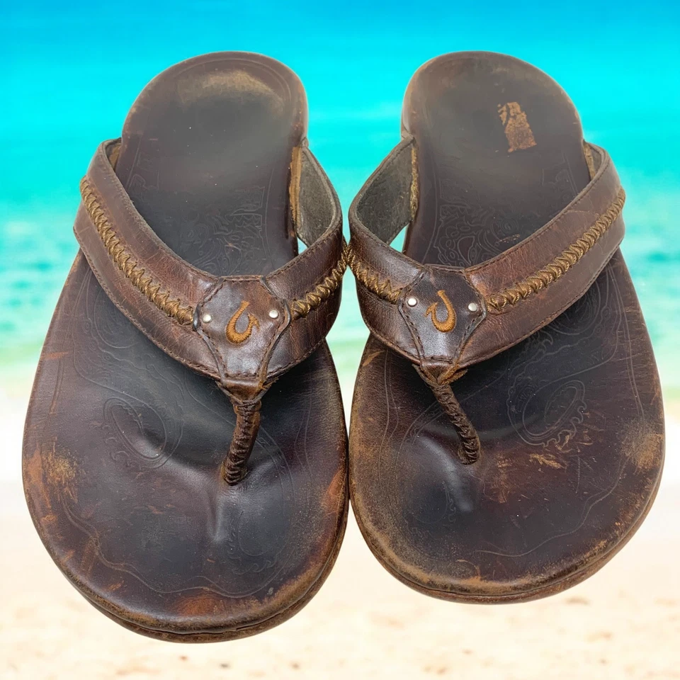 OluKai Mea Ola 男式 12 码棕色涂油皮革凉鞋拖鞋 GF-454 Aloha — 第 3/4 张图片