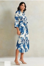 Zara ZW Collection Long Floral Shirt Dress Belt Blue Off-white XS Sash Tie