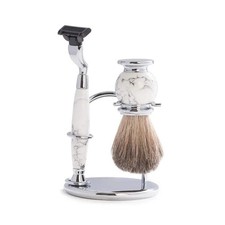 White Stone Handle Razor and Badger Brush Shave Set with Chrome Stand