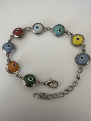 Multicolor Evil Eye Charm Chain Bracelet Womens Adjustable Silver Tone Luck