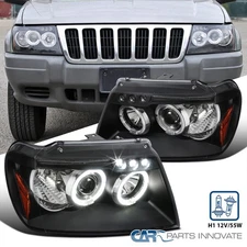 Fits 99-04 Jeep Grand Cherokee Black Dual Halo Projector Headlights Lamps LH+RH