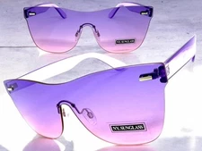 Classic Modern Retro Shield Party Rave SUNGLASSES Rimless Frame Purple Pink Lens