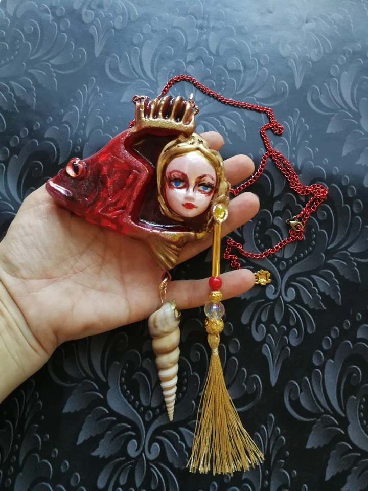 Joyería de pez rojo Piscis Shell Collar colgante Art Deco muñeca joyería perla babero Foto 3 de 4