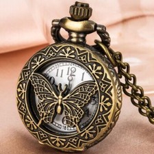 Steampunk Men Women Butterfly Pocket Watch Necklace Chain Quartz Watches Gift