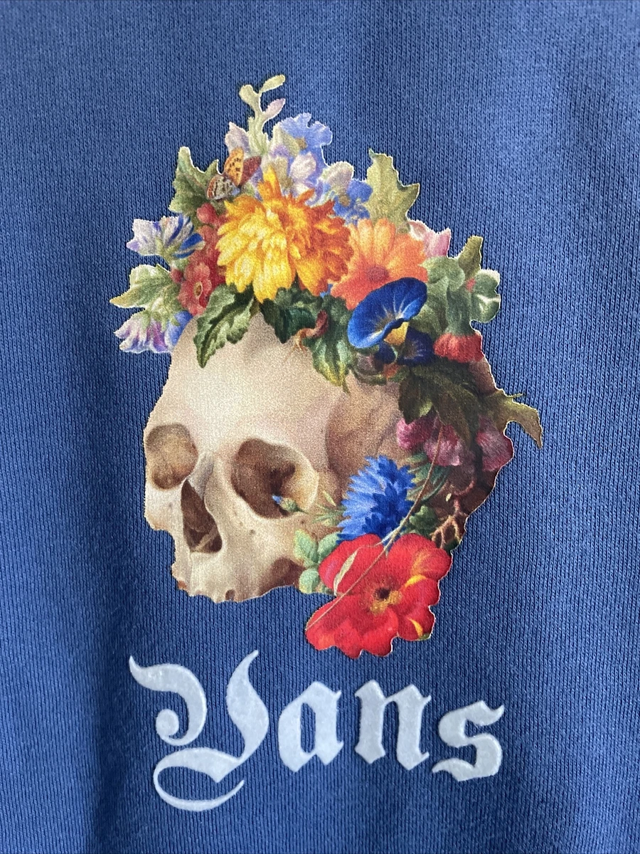New VANS Designer Street Style Long Sleeve Hoodie Sweatshirt Blue Skull Size L