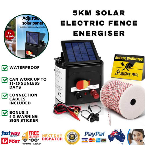 Solar Power Electric Fence Charger Kit Farm Fencing Tape 25pcs