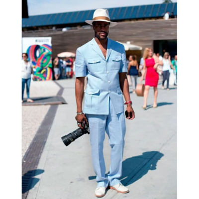 Summer Sky Blue Men Safari Jacket Short Sleeve Formal Wedding