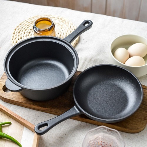 Cookware 2 in 1 Skillet Pan Set Uncoated 18cm Frying Pan Cast Iron Stew Pot - Picture 5 of 12