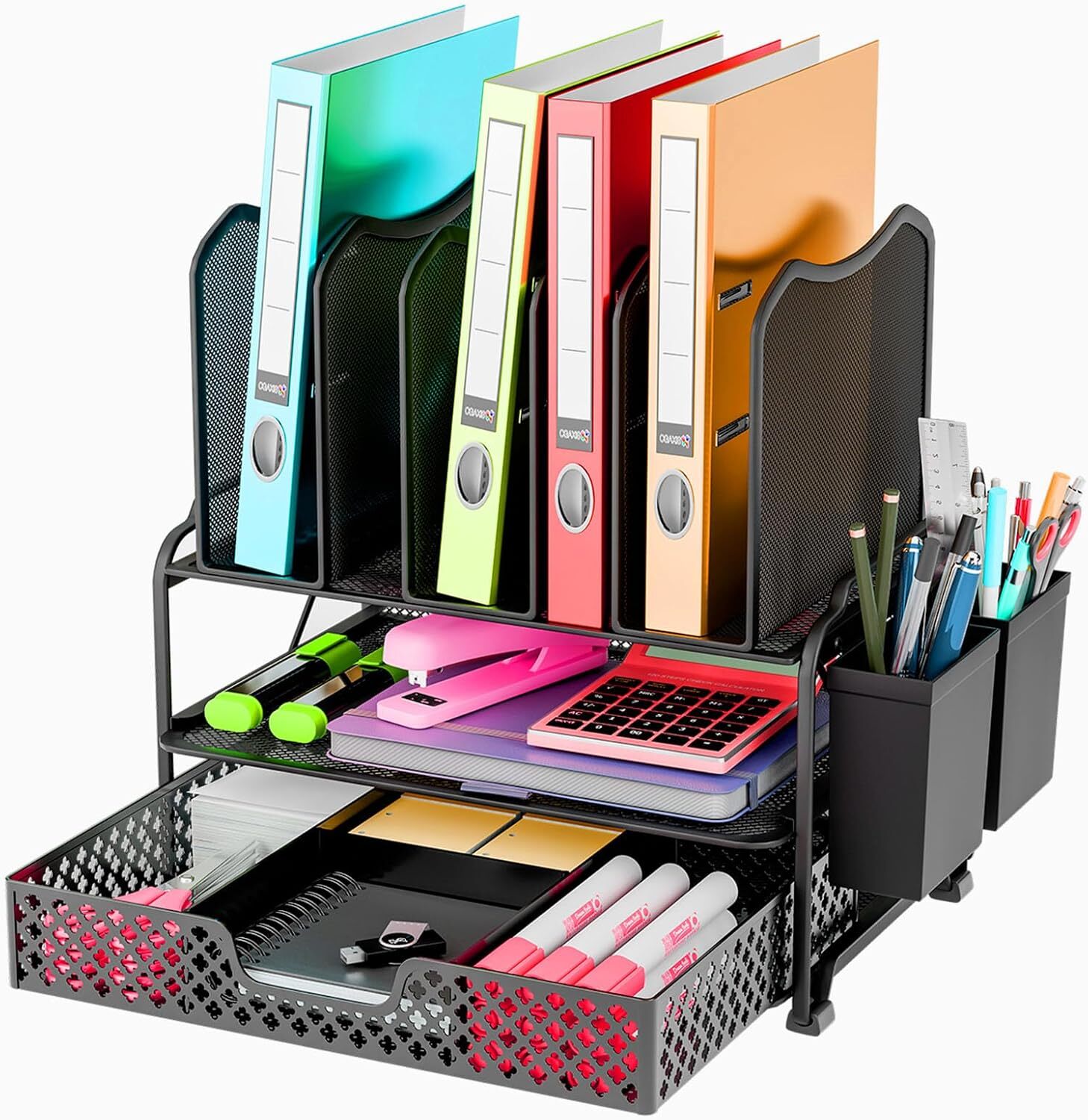 Trending Metal Desk File Organizer with Sliding Drawer 15.2 Inch Wide Black-image
