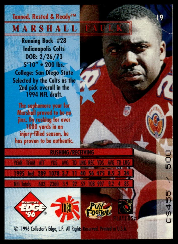 1996 Collector's Edge President's Reserve #19 Marshall Faulk Tanned #/7500 - Image 2 of 2