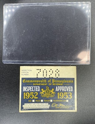 1952-1953 Pennsylvania Inspection Sticker w/ HOLDER Pa Vtg Car Truck UNISSUED