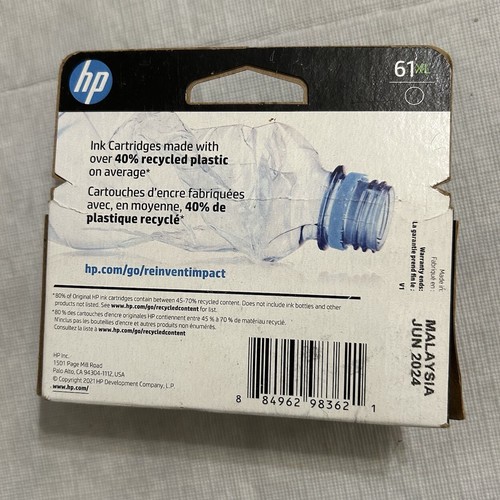 NEW Genuine HP 61XL Black High-Yield Ink Cartridge CH563WN Exp. 06/2024 Sealed - Afbeelding 2 van 3