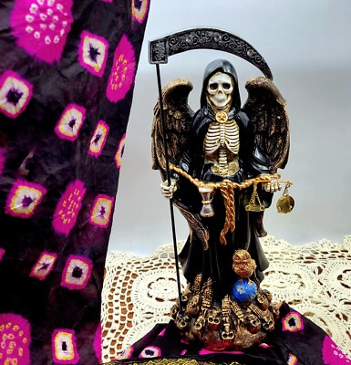 SANTA MUERTE BLACK 13'' HOLY DEATH STATUE/ WITH WINGS GRIM REAPER