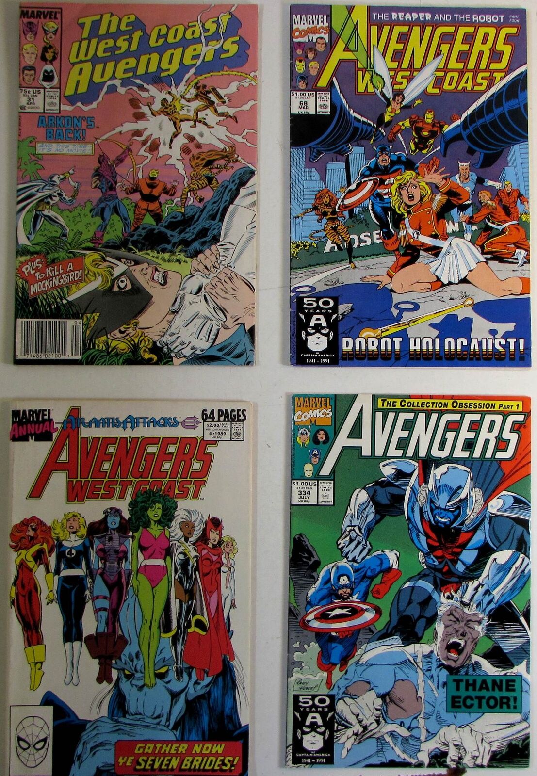1991 Avengers Lot of 4 #334,West Coast 31,68,Annual 4 Marvel 1st Print Comics