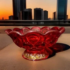 L.E. Smith Moon and Stars Amberina Footed Bowl Red/Orange Vintage 3.75"H x 7.5"