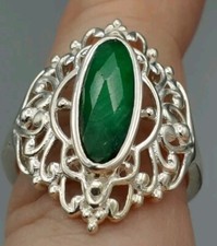 Emerald Silver Ring Size 7 Genuine Oval-Cut 15mm x 6mm 925 Sterling 4grams India