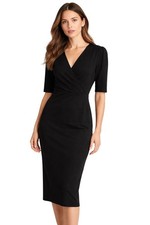Calvin Klein Size 14W V-Neckline Midi Sheath Dress 3/4 Sleeves  Black