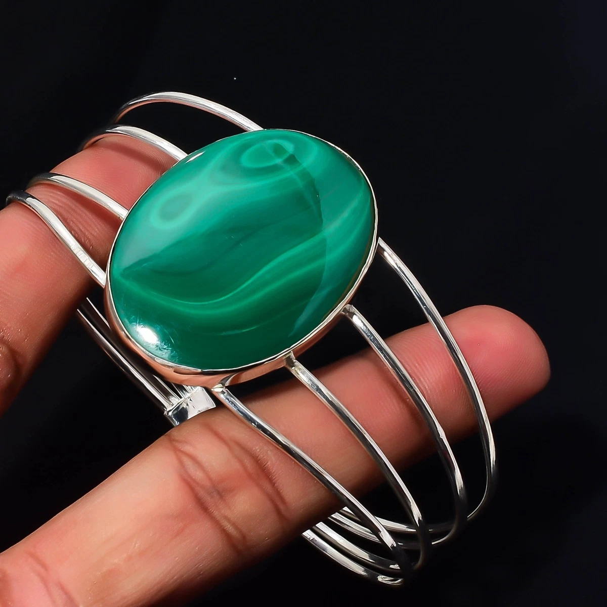 Malachite Gemstone 925 Sterling Silver Handmade Bangle Jewelry Gift For Love