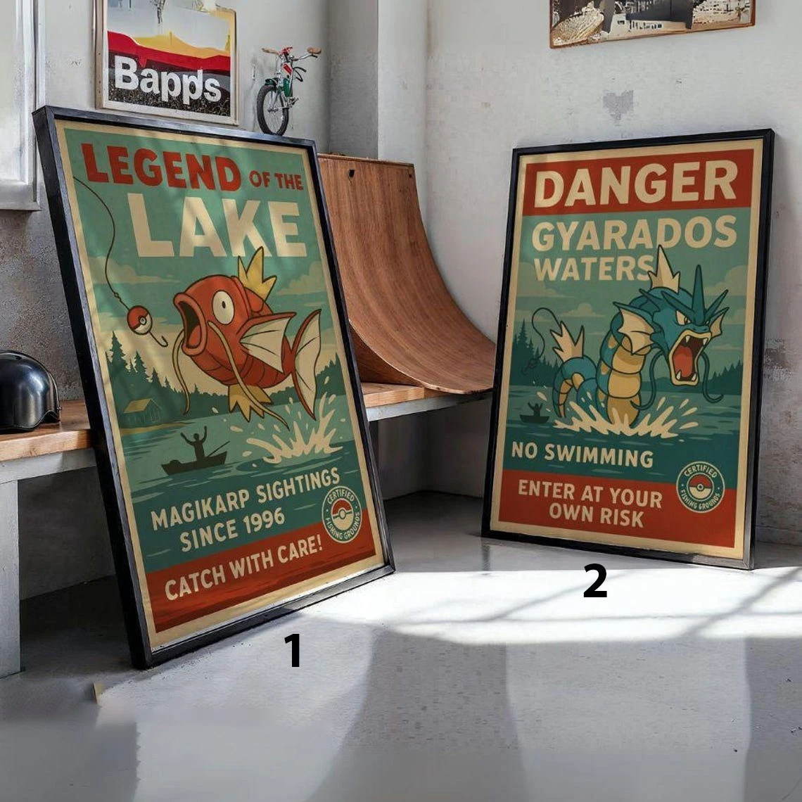 Magikarp & Gyarados Poster Set, PKM Wall Art, Retro Warning Sign