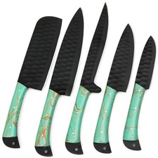 CUSTOM HANDMADE D2 HAMMERED PATTERN 5 PIECES CHEF SET WITH LEATHER CARRYING BAG