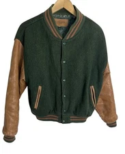 Vintage J Peterman Men’s Varsity Leather Wool Snap jacket Size Small Made USA