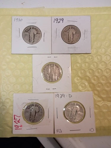 Nice Lot of 5 Standing Liberty & Barber 25C Quarters. Good Cond. Under Melt!!