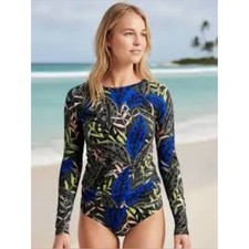 Athleta Long Sleeve Tropical Rash Guard Swim Top Blue/Green Medium