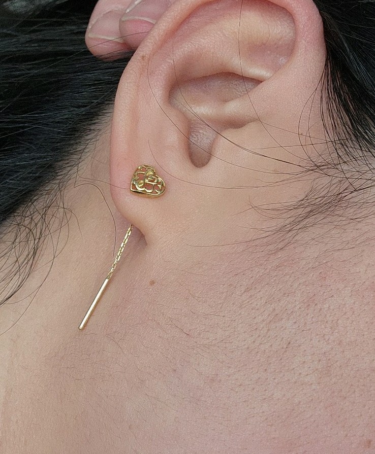 18K Solid Gold Heart Drawstring Earrings - image 5